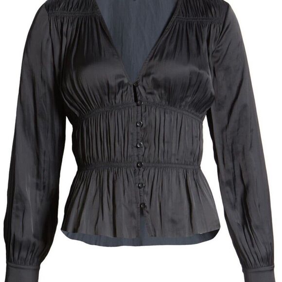 Frame Shirred Black VNeck Blouse NWT Medium - Picture 2 of 5